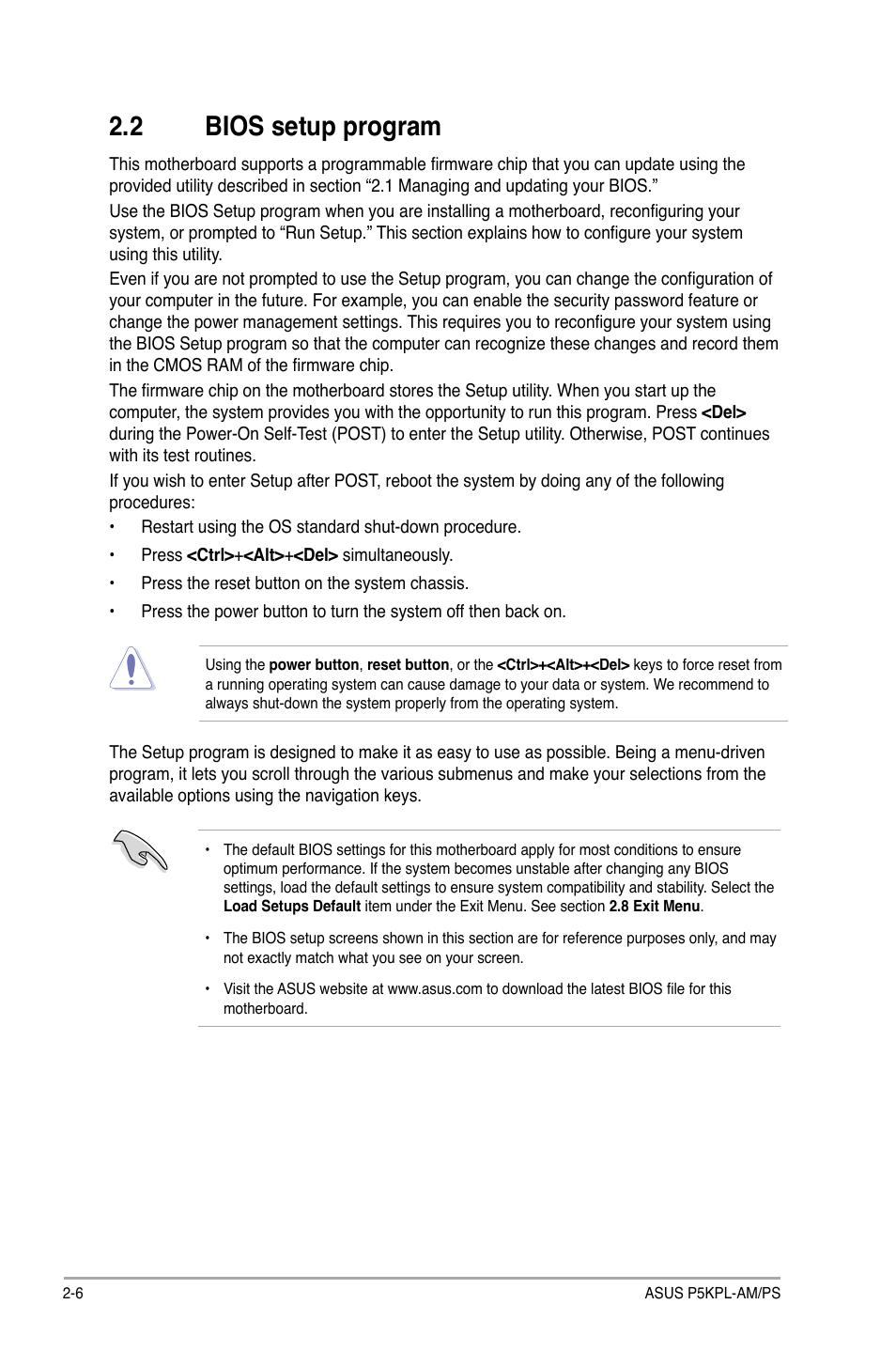 2 bios setup program | Asus P5KPL-AM/PS User Manual | Page 46 / 62