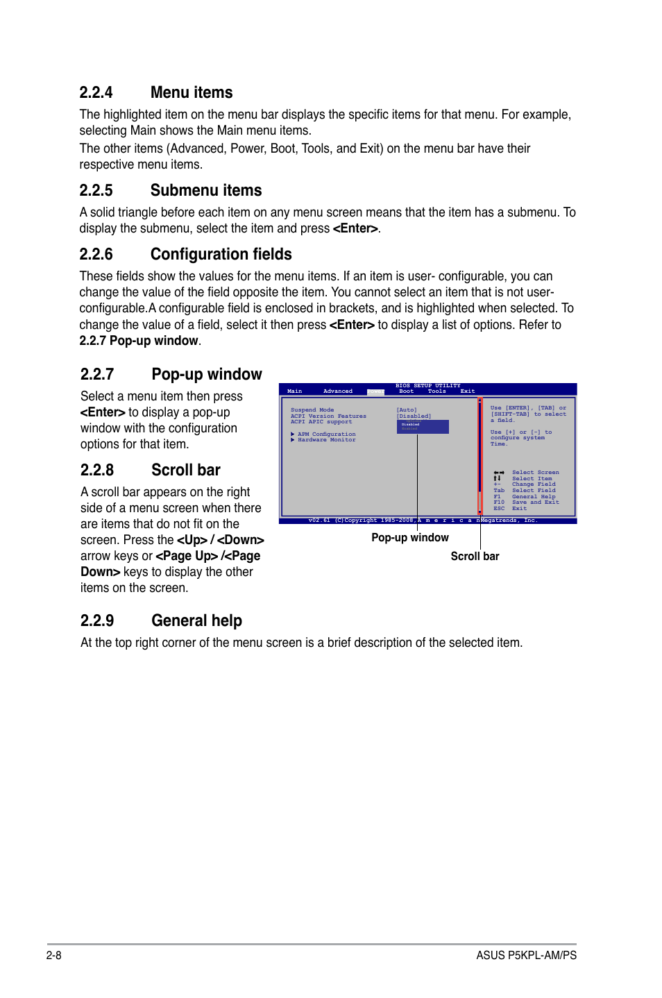 4 menu items, 5 submenu items, 6 configuration fields | 7 pop-up window, 8 scroll bar, 9 general help | Asus P5KPL-AM/PS User Manual | Page 48 / 62