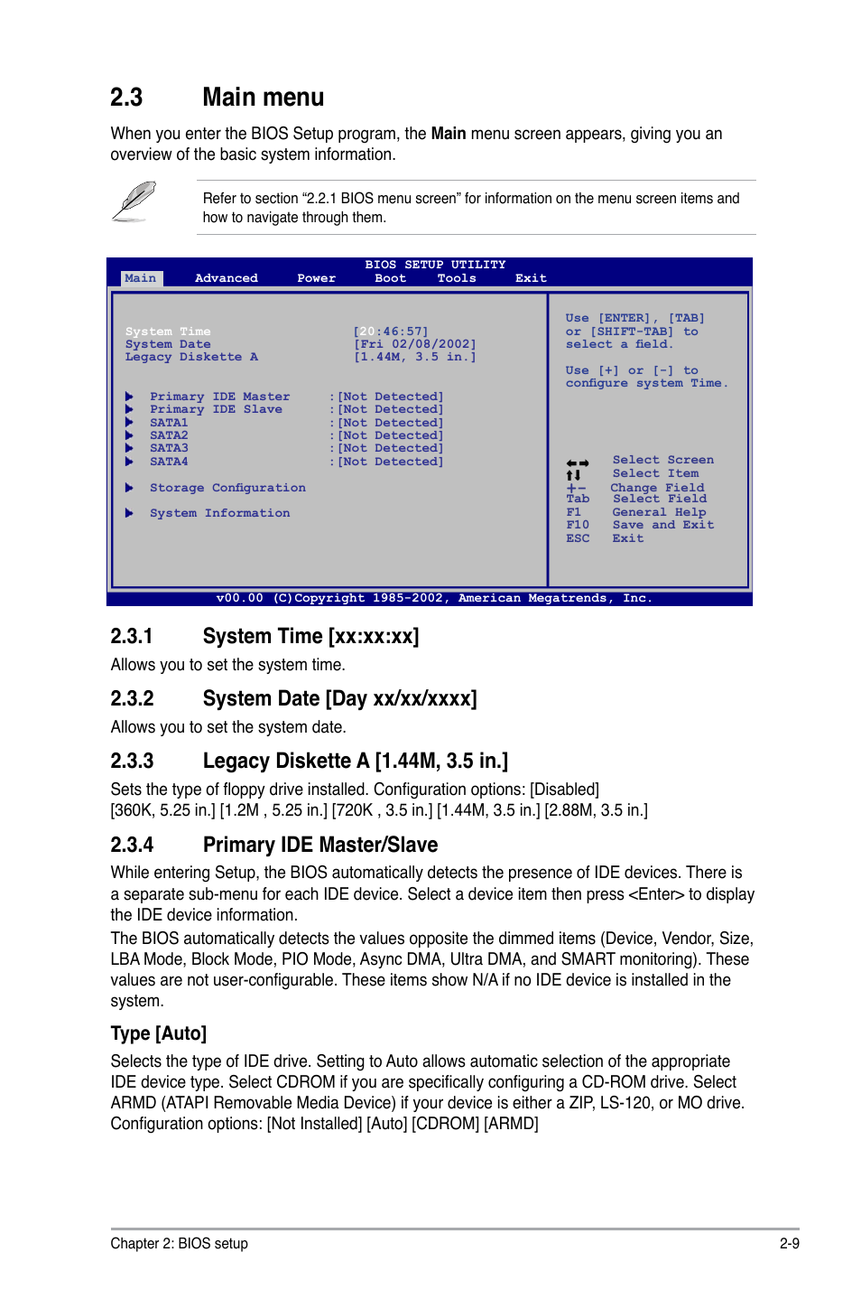 3 main menu, 1 system time [xx:xx:xx, 4 primary ide master/slave | Type [auto | Asus P5KPL-AM/PS User Manual | Page 49 / 62