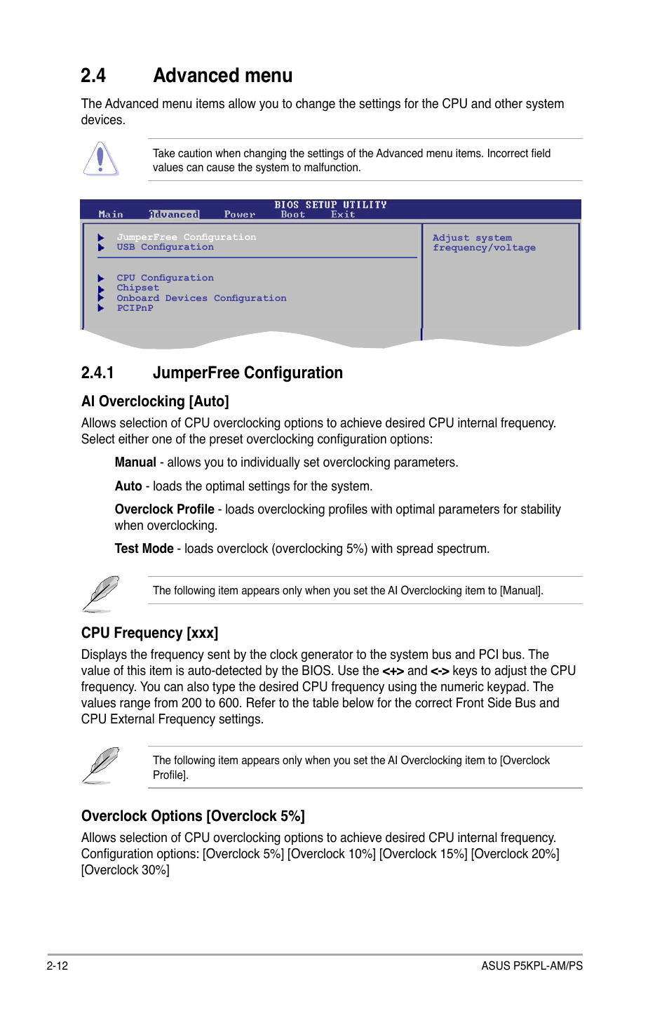 4 advanced menu, 1 jumperfree configuration, Ai overclocking [auto | Cpu frequency [xxx, Overclock options [overclock 5 | Asus P5KPL-AM/PS User Manual | Page 52 / 62