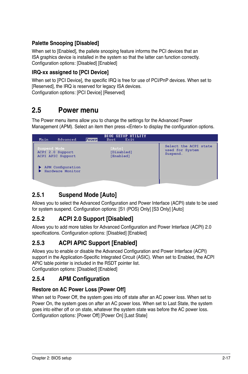 5 power menu, 1 suspend mode [auto, 2 acpi 2.0 support [disabled | 3 acpi apic support [enabled, 4 apm configuration | Asus P5KPL-AM/PS User Manual | Page 57 / 62