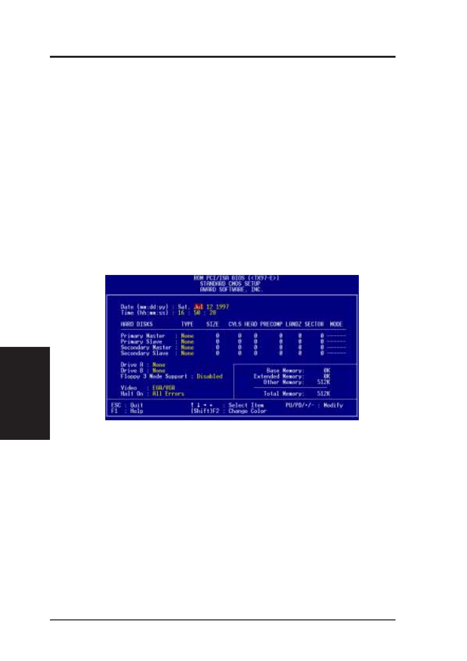 Iv. bios software, Standard cmos setup | Asus TX97-E User Manual | Page 38 / 64