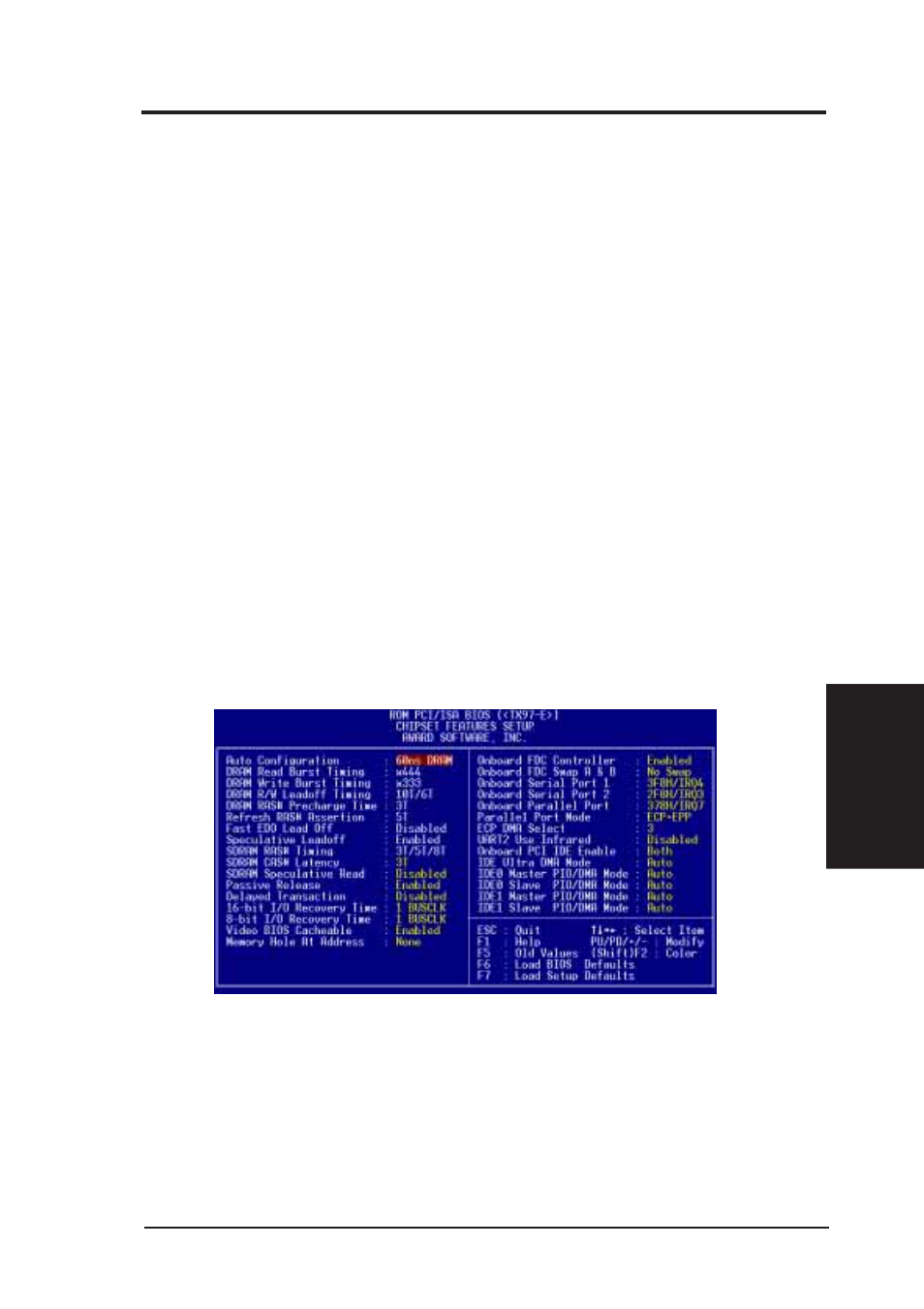 Iv. bios software, Chipset features setup | Asus TX97-E User Manual | Page 43 / 64