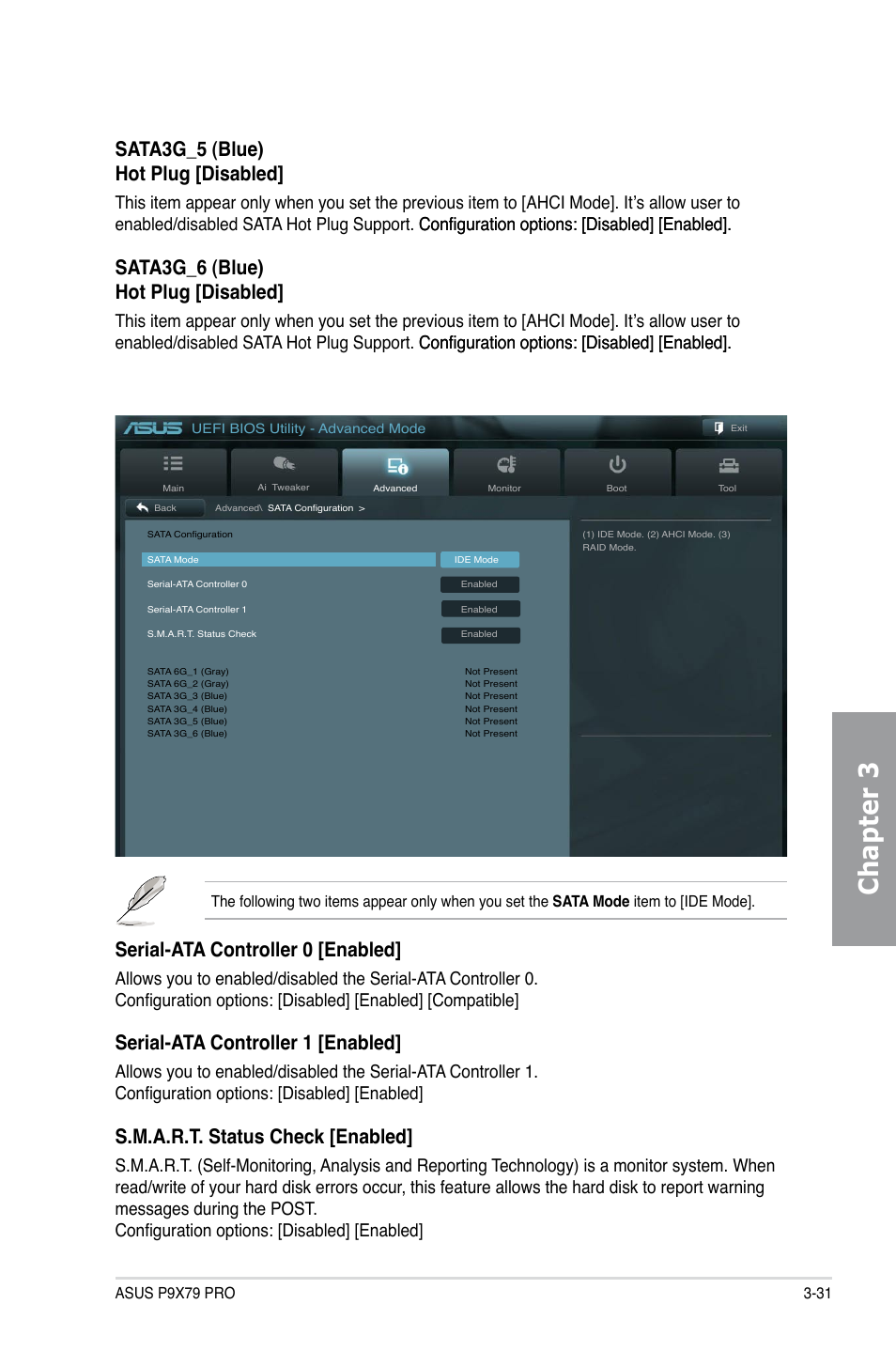 Chapter 3, Sata3g_5 (blue) hot plug [disabled, Sata3g_6 (blue) hot plug [disabled | Serial-ata controller 0 [enabled, Serial-ata controller 1 [enabled, S.m.a.r.t. status check [enabled | Asus P9X79 PRO User Manual | Page 103 / 168