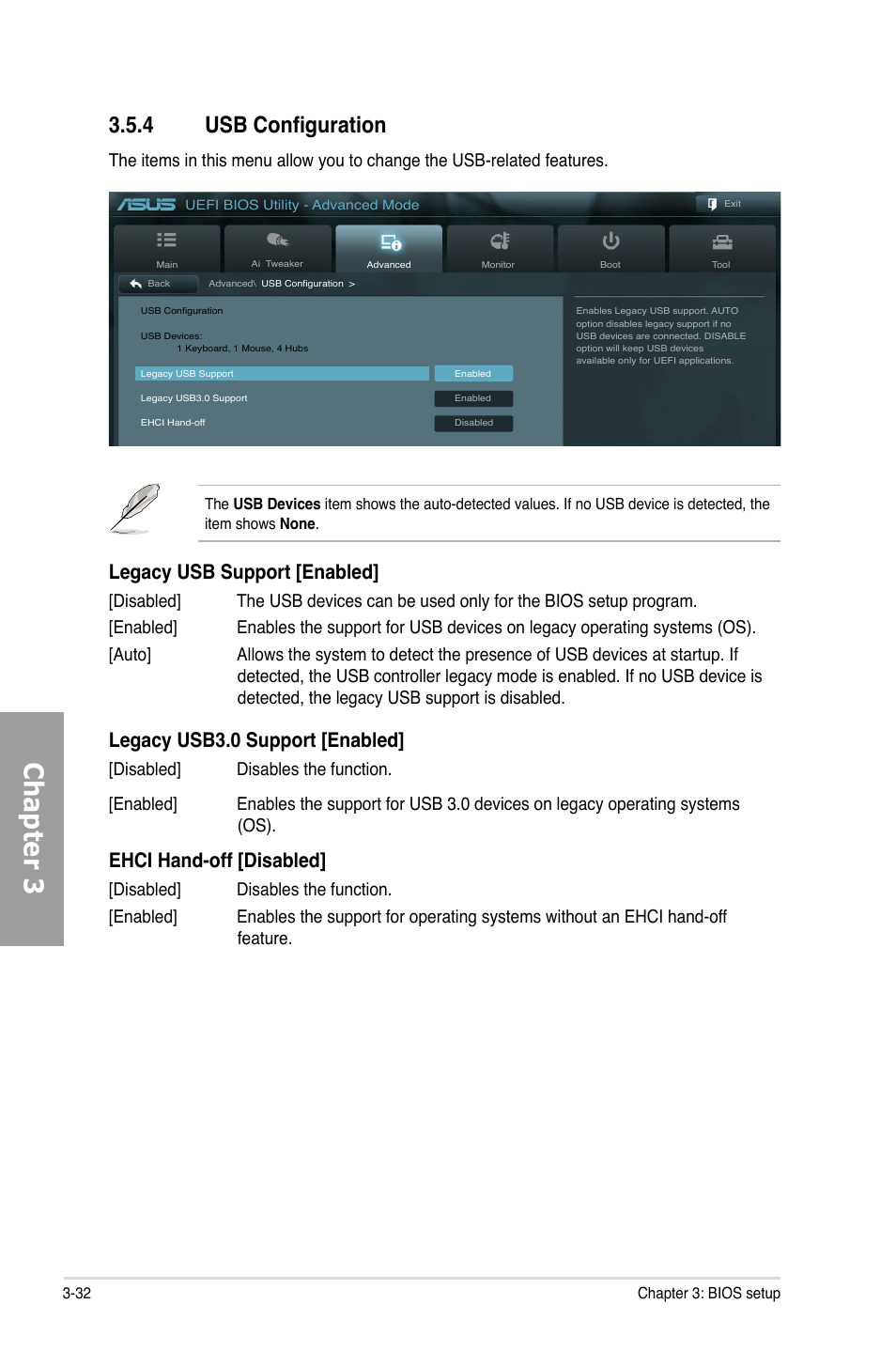 4 usb configuration, Usb configuration -32, Chapter 3 | Legacy usb support [enabled, Legacy usb3.0 support [enabled, Ehci hand-off [disabled | Asus P9X79 PRO User Manual | Page 104 / 168