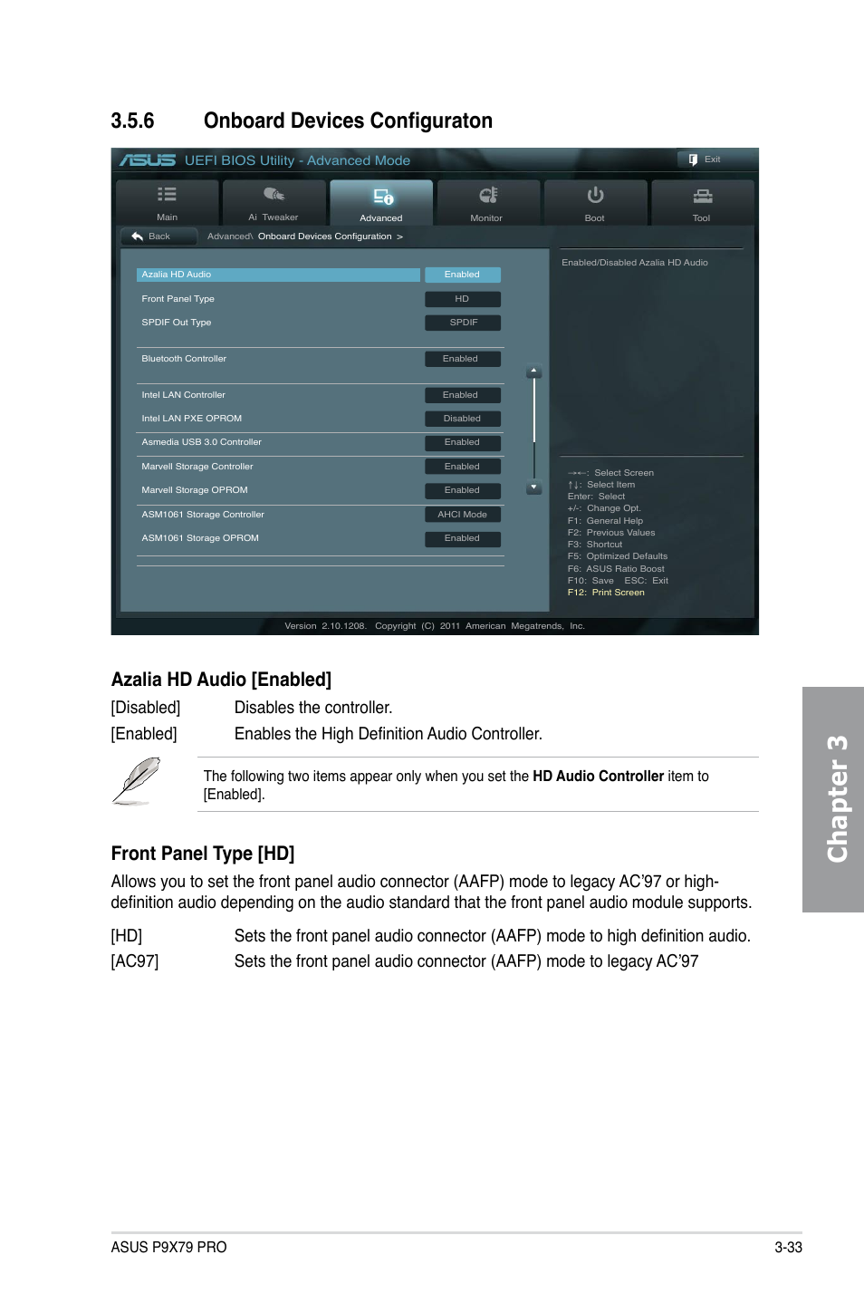 6 onboard devices configuraton, Onboard devices configuraton -33, Chapter 3 | Azalia hd audio [enabled, Front panel type [hd | Asus P9X79 PRO User Manual | Page 105 / 168