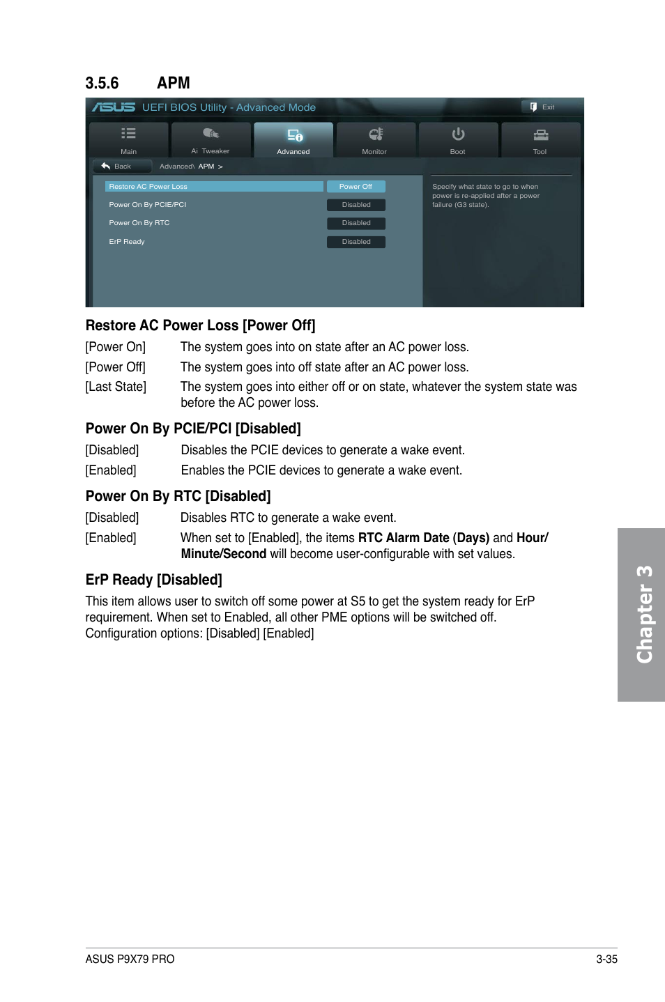 6 apm, Apm -35, Chapter 3 | Restore ac power loss [power off, Power on by pcie/pci [disabled, Power on by rtc [disabled, Erp ready [disabled | Asus P9X79 PRO User Manual | Page 107 / 168