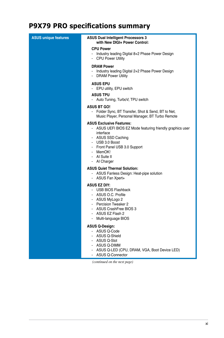 P9x79 pro specifications summary | Asus P9X79 PRO User Manual | Page 11 / 168