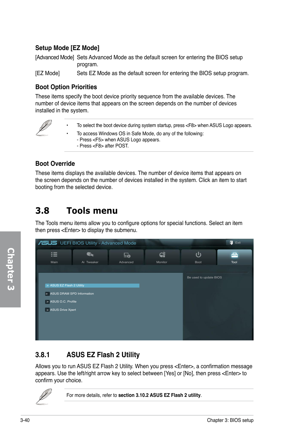 8 tools menu, 1 asus ez flash 2 utility, Tools menu -40 3.8.1 | Asus ez flash 2 utility -40, Chapter 3 3.8 tools menu, Setup mode [ez mode, Boot option priorities, Boot override | Asus P9X79 PRO User Manual | Page 112 / 168