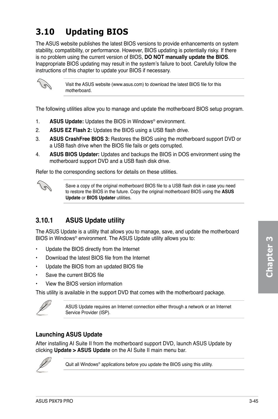 10 updating bios, 1 asus update utility, Updating bios -45 3.10.1 | Asus update utility -45, Chapter 3 3.10 updating bios | Asus P9X79 PRO User Manual | Page 117 / 168