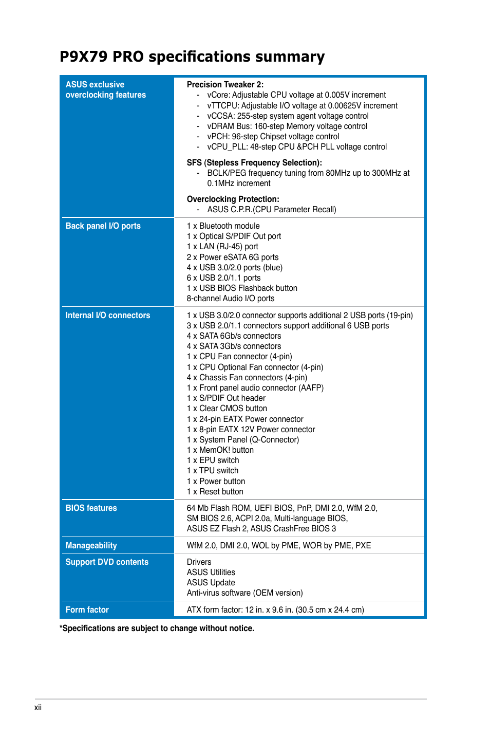 P9x79 pro specifications summary | Asus P9X79 PRO User Manual | Page 12 / 168