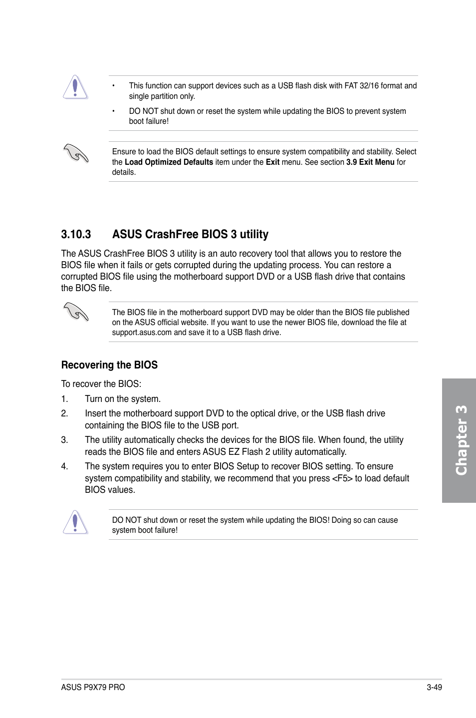 3 asus crashfree bios 3 utility, Asus crashfree bios 3 utility -49, Chapter 3 | Asus P9X79 PRO User Manual | Page 121 / 168