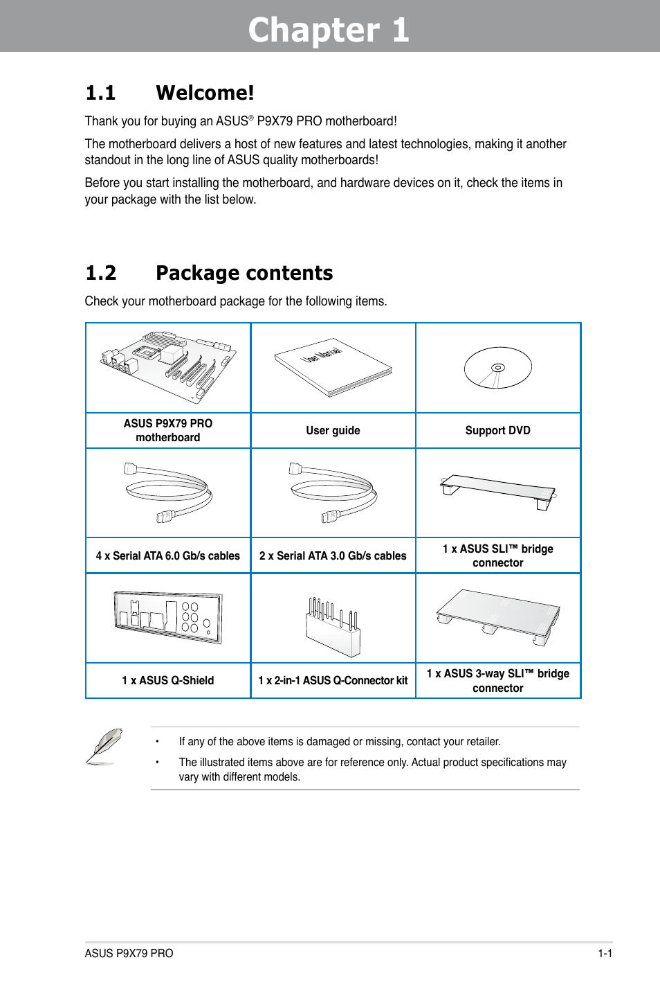 Chapter 1: product introduction, 1 welcome, 2 package contents | Chapter 1, Product introduction, Welcome! -1, Package contents -1, Chapter 1 1.1 welcome | Asus P9X79 PRO User Manual | Page 13 / 168