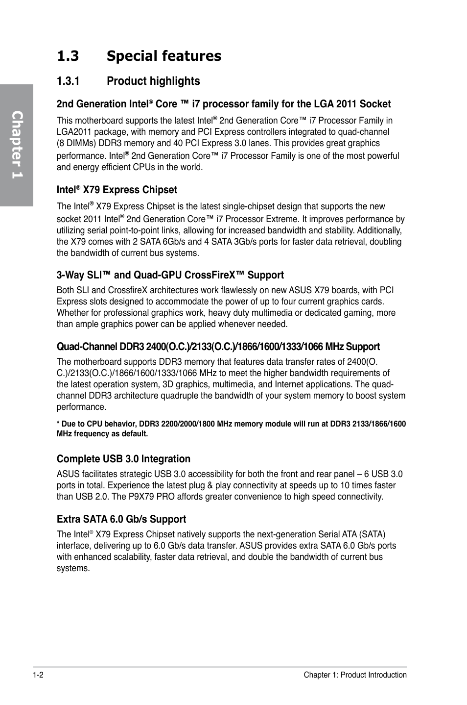 3 special features, 1 product highlights, Special features -2 1.3.1 | Product highlights -2, Chapter 1 1.3 special features | Asus P9X79 PRO User Manual | Page 14 / 168