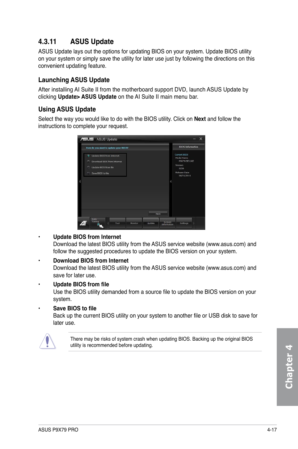 11 asus update, Asus update -17, Chapter 4 | Asus P9X79 PRO User Manual | Page 141 / 168