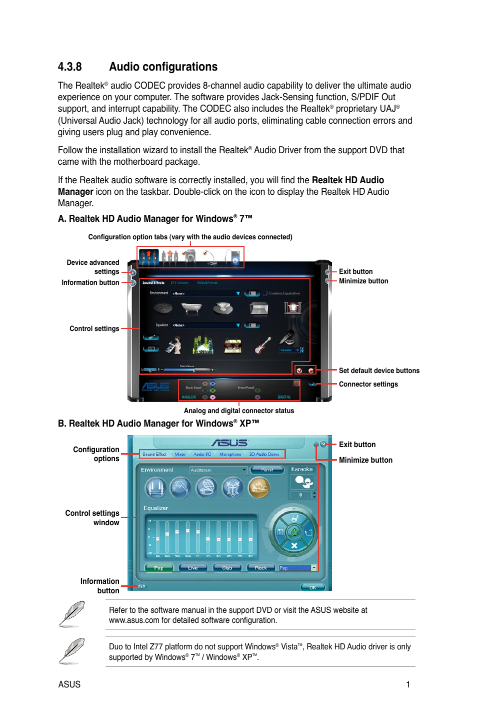 8 audio configurations, Audio configurations -20, A. realtek hd audio manager for windows | The realtek, Proprietary uaj, B. realtek hd audio manager for windows | Asus P9X79 PRO User Manual | Page 144 / 168