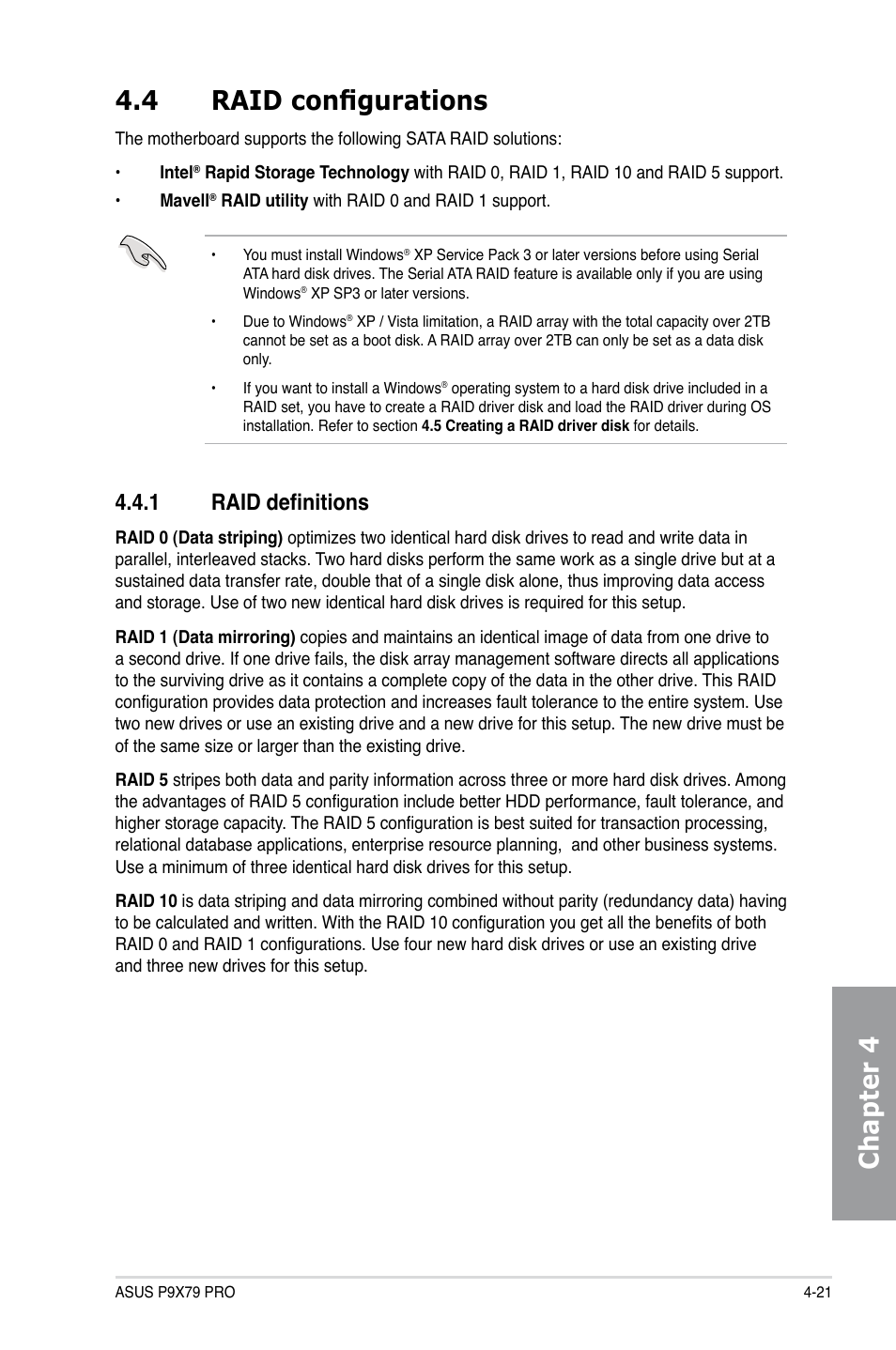 4 raid configurations, 1 raid definitions, Raid configurations -21 4.4.1 | Raid definitions -21, Chapter 4 4.4 raid configurations | Asus P9X79 PRO User Manual | Page 145 / 168