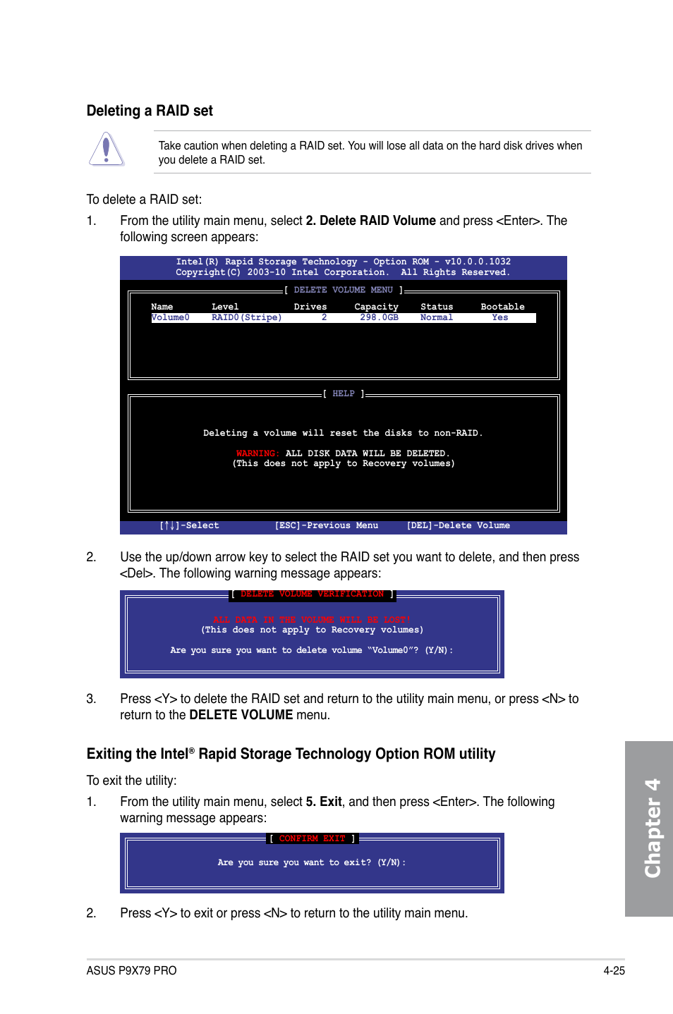 Chapter 4, Deleting a raid set, Exiting the intel | Rapid storage technology option rom utility | Asus P9X79 PRO User Manual | Page 149 / 168