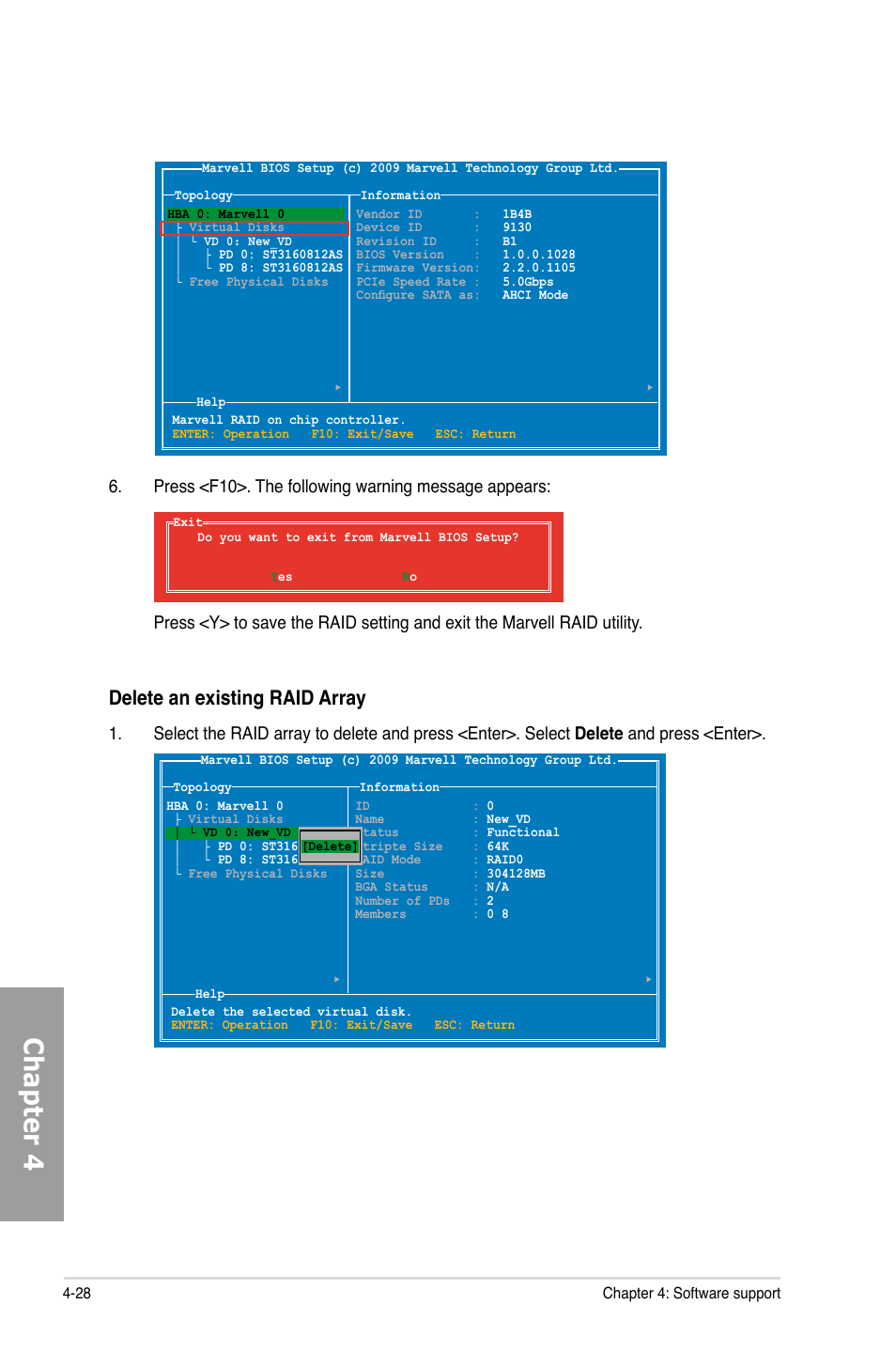 Chapter 4, Delete an existing raid array | Asus P9X79 PRO User Manual | Page 152 / 168