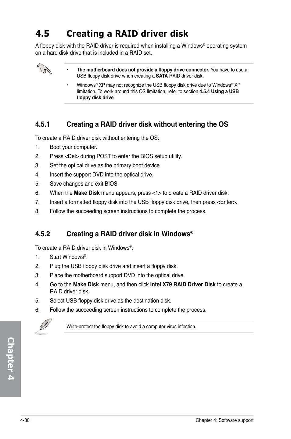 5 creating a raid driver disk, 2 creating a raid driver disk in windows, Creating a raid driver disk -30 4.5.1 | Creating a raid driver disk in windows, Chapter 4 4.5 creating a raid driver disk | Asus P9X79 PRO User Manual | Page 154 / 168