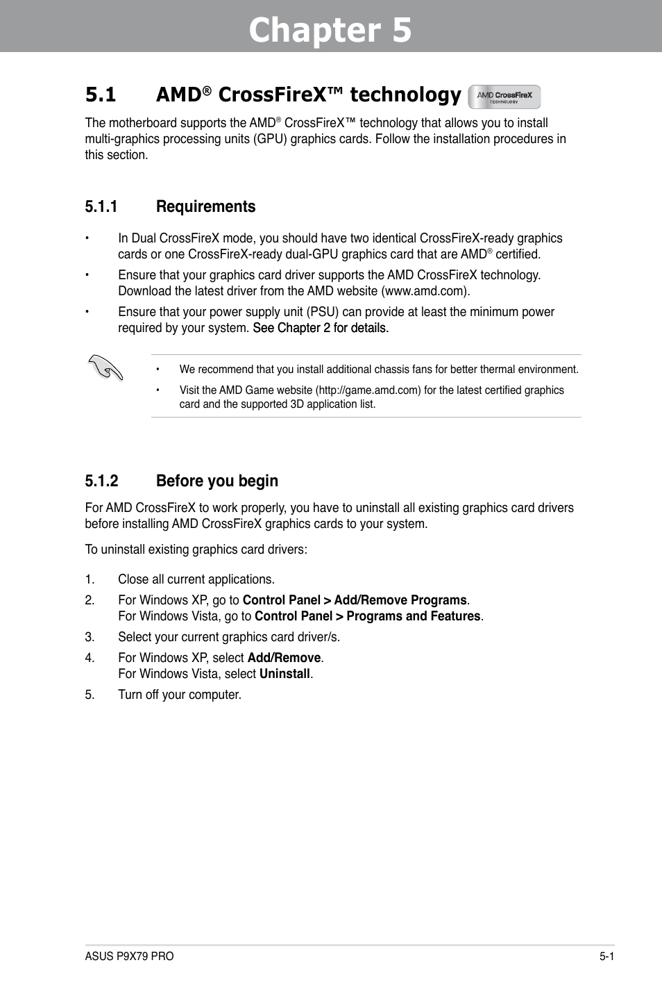 Chapter 5: multiple gpu technology support, 1 amd® crossfirex™ technology, 1 requirements | 2 before you begin, Chapter 5, Multiple gpu technology support, Crossfirex™ technology -1, Requirements -1, Before you begin -1, 1 amd | Asus P9X79 PRO User Manual | Page 159 / 168