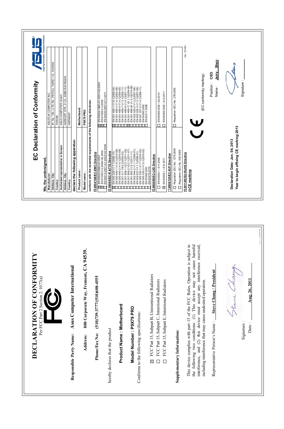 Declaration of conformity, Ec declaration of conformity, Asu s c om pu te r in te rn at io na l | Address: 800 corporate way, fremont | Asus P9X79 PRO User Manual | Page 168 / 168