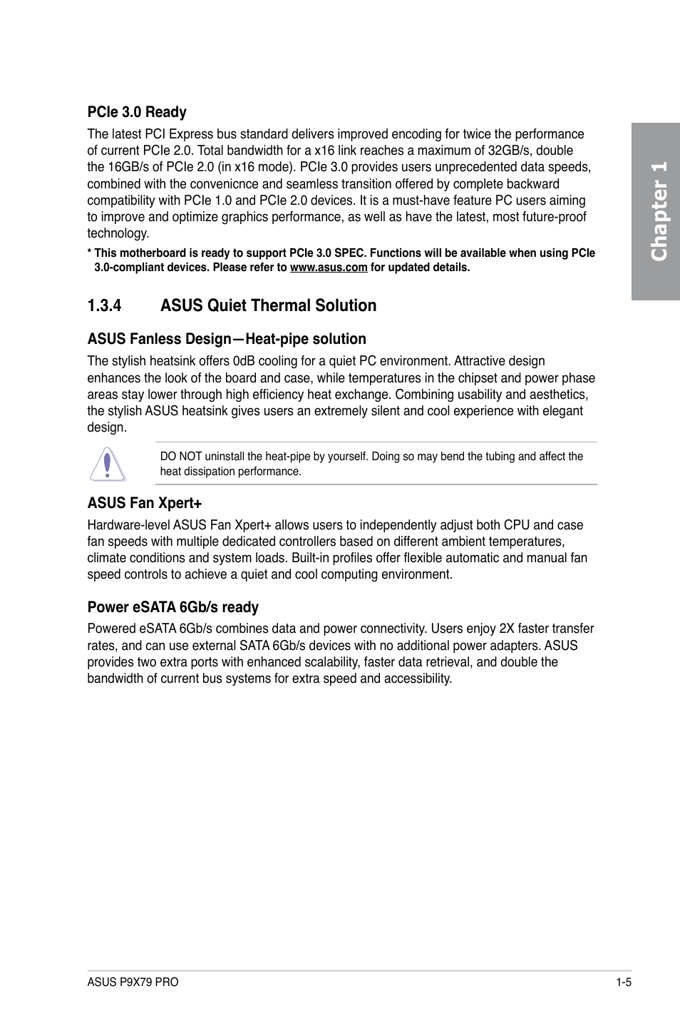 4 asus quiet thermal solution, Asus quiet thermal solution -5, Chapter 1 | Asus P9X79 PRO User Manual | Page 17 / 168