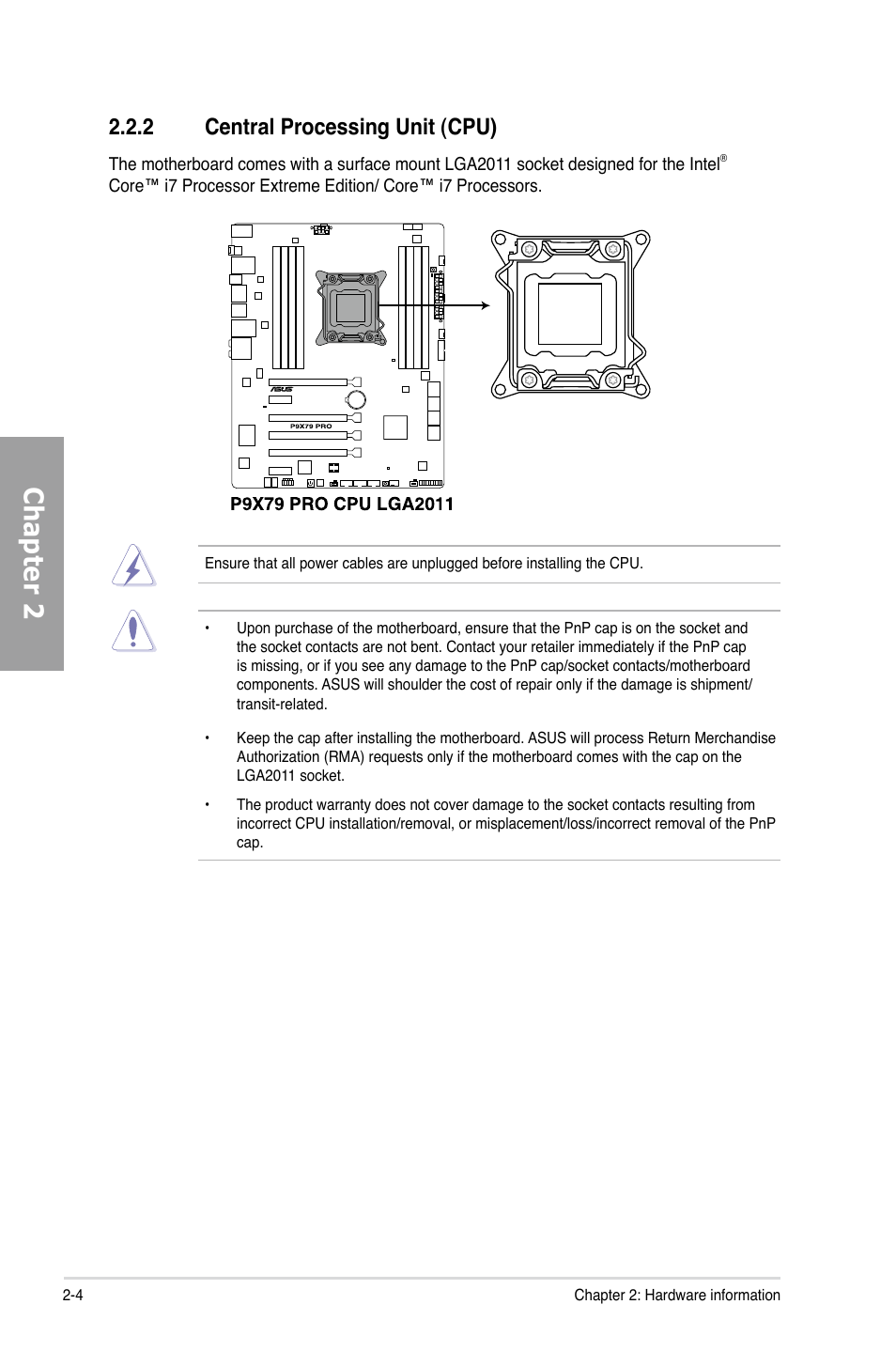 2 central processing unit (cpu), Central processing unit (cpu) -4, Chapter 2 | Asus P9X79 PRO User Manual | Page 24 / 168