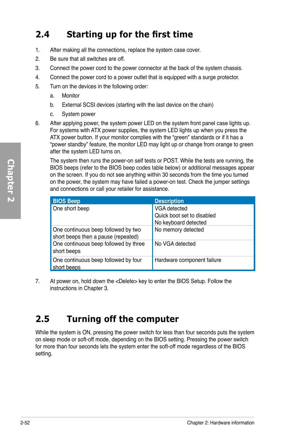 4 starting up for the first time, 5 turning off the computer, Starting up for the first time -52 | Turning off the computer -52, Chapter 2 2.4 starting up for the first time | Asus P9X79 PRO User Manual | Page 72 / 168