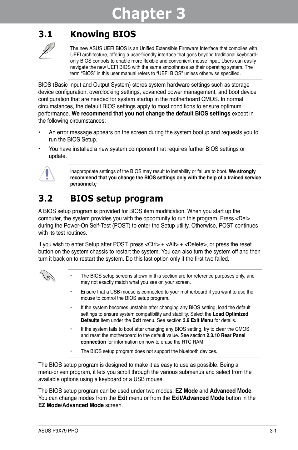 Chapter 3: bios setup, 1 knowing bios, 2 bios setup program | Chapter 3, Bios setup, Knowing bios -1, Bios setup program -1 | Asus P9X79 PRO User Manual | Page 73 / 168