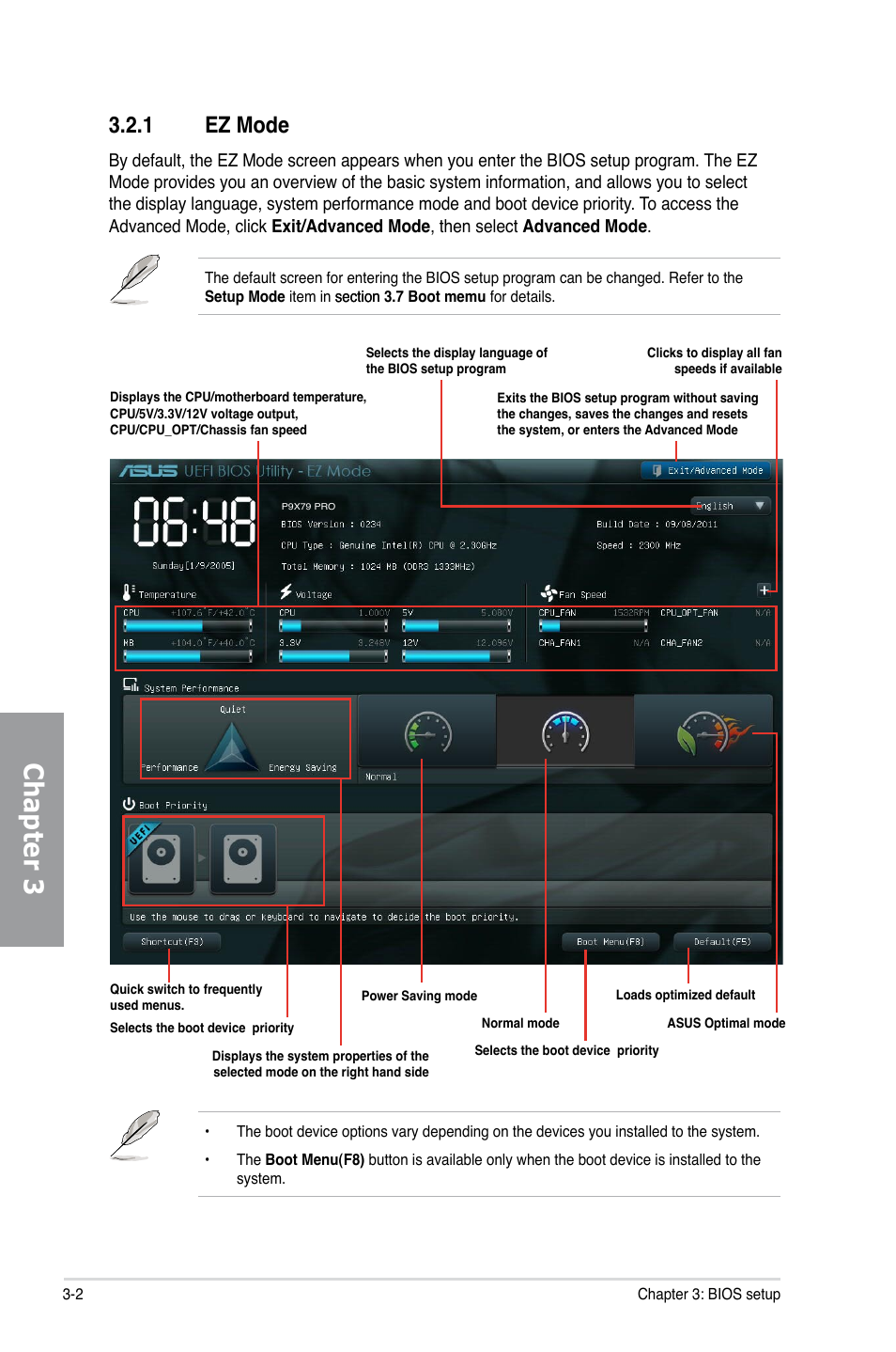 1 ez mode, Ez mode -2, Chapter 3 | Asus P9X79 PRO User Manual | Page 74 / 168