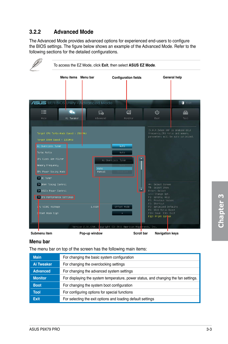 2 advanced mode, Advanced mode -3, Chapter 3 | Menu bar | Asus P9X79 PRO User Manual | Page 75 / 168