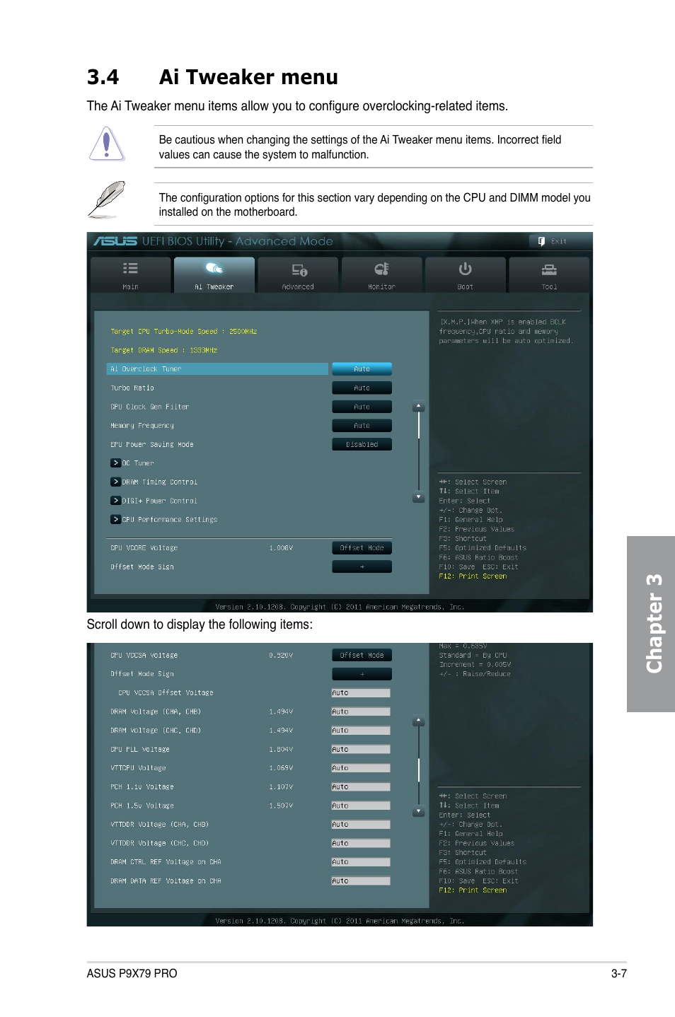 4 ai tweaker menu, Ai tweaker menu -7, Chapter 3 3.4 ai tweaker menu | Asus P9X79 PRO User Manual | Page 79 / 168