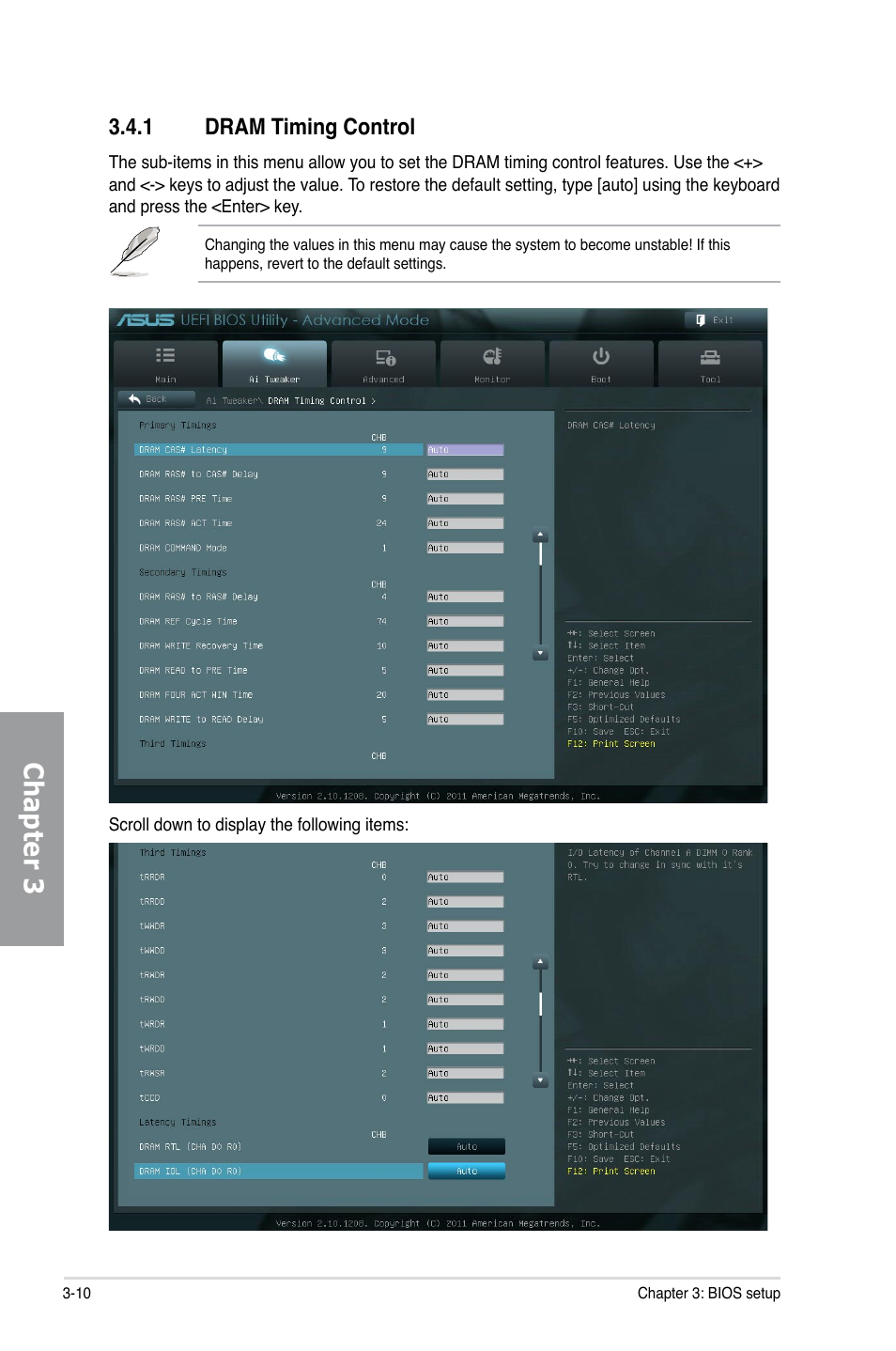 1 dram timing control, Dram timing control -10, Chapter 3 | Asus P9X79 PRO User Manual | Page 82 / 168