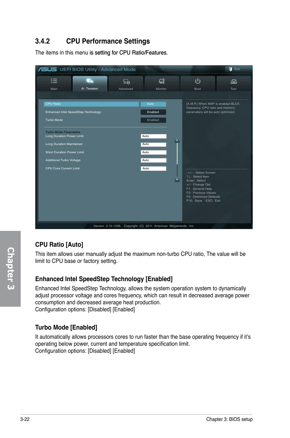 2 cpu performance settings, Cpu performance settings -22, Chapter 3 | Cpu ratio [auto, Enhanced intel speedstep technology [enabled, Turbo mode [enabled, 22 chapter 3: bios setup | Asus P9X79 PRO User Manual | Page 94 / 168