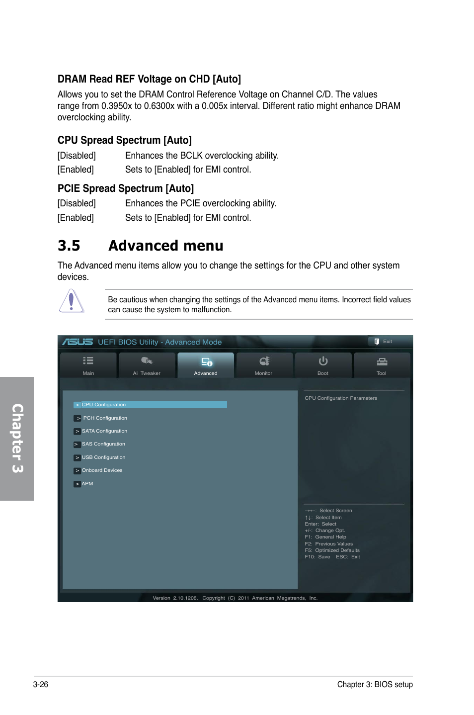 5 advanced menu, Advanced menu -26, Chapter 3 | Dram read ref voltage on chd [auto, Cpu spread spectrum [auto, Pcie spread spectrum [auto | Asus P9X79 PRO User Manual | Page 98 / 168