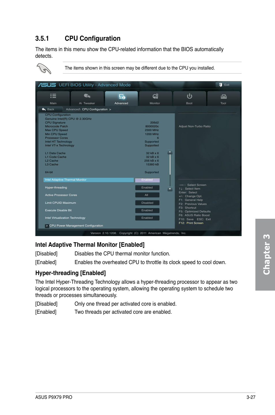 1 cpu configuration, Cpu configuration -27, Chapter 3 | Intel adaptive thermal monitor [enabled, Hyper-threading [enabled | Asus P9X79 PRO User Manual | Page 99 / 168