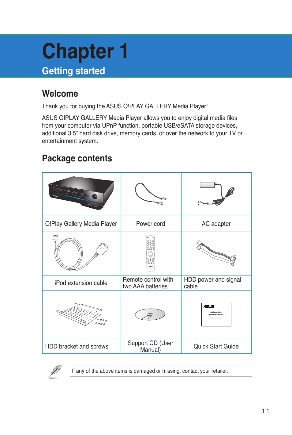 Chapter 1, Getting started, Welcome | Package contents, Welcome -1 package contents -1 | Asus O!Play Gallery User Manual | Page 11 / 74