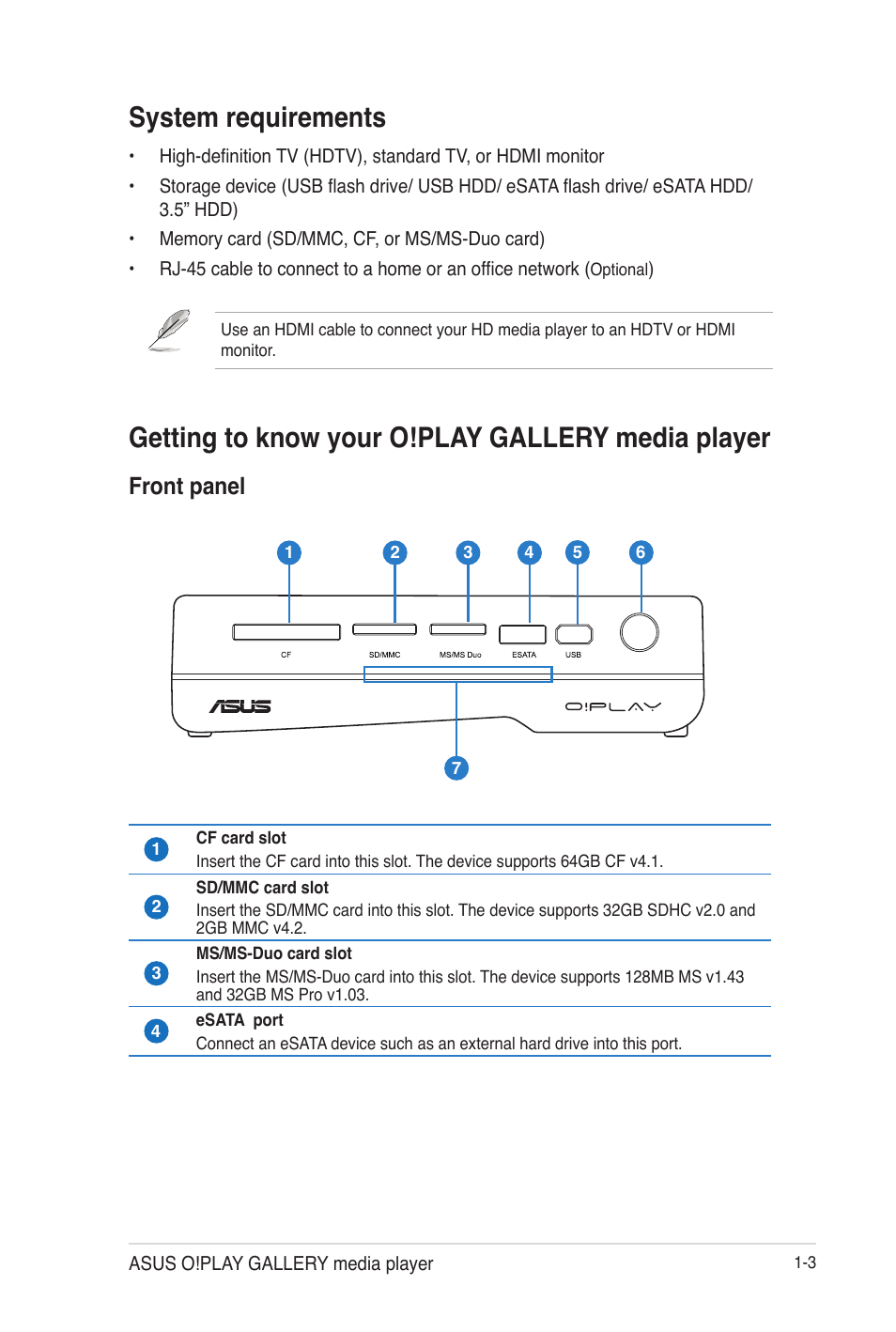 System requirements, Getting to know your o!play gallery media player, Front panel | Front panel -3 | Asus O!Play Gallery User Manual | Page 13 / 74