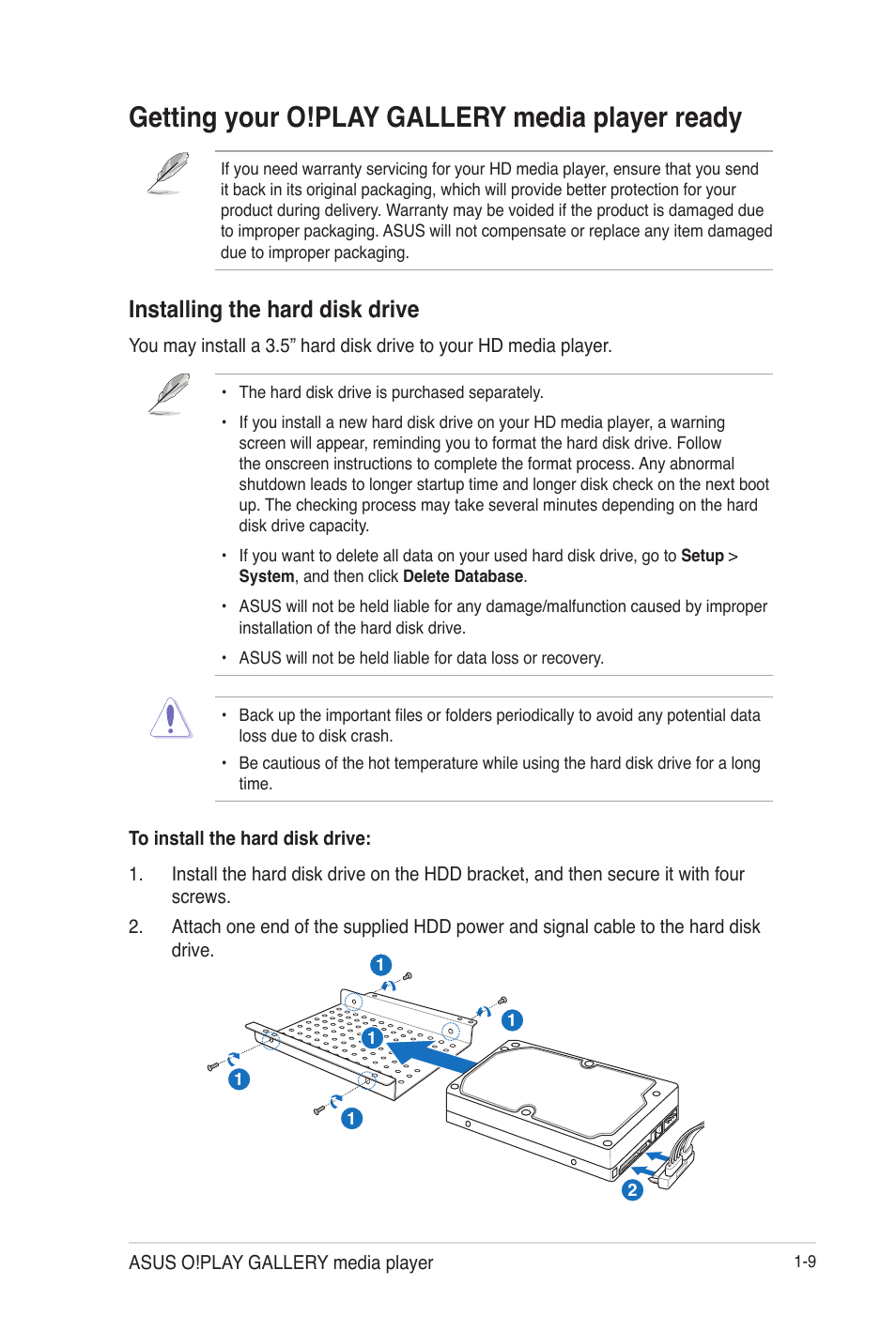Getting your o!play gallery media player ready, Installing the hard disk drive, Getting your o!play gallery media player ready -9 | Installing the hard disk drive -9 | Asus O!Play Gallery User Manual | Page 19 / 74