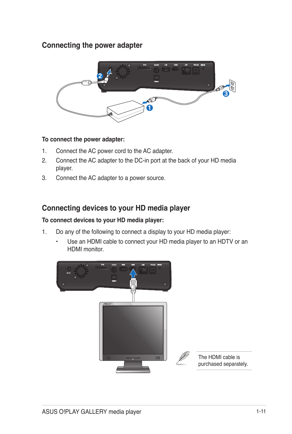 Connecting the power adapter, Connecting devices to your hd media player | Asus O!Play Gallery User Manual | Page 21 / 74