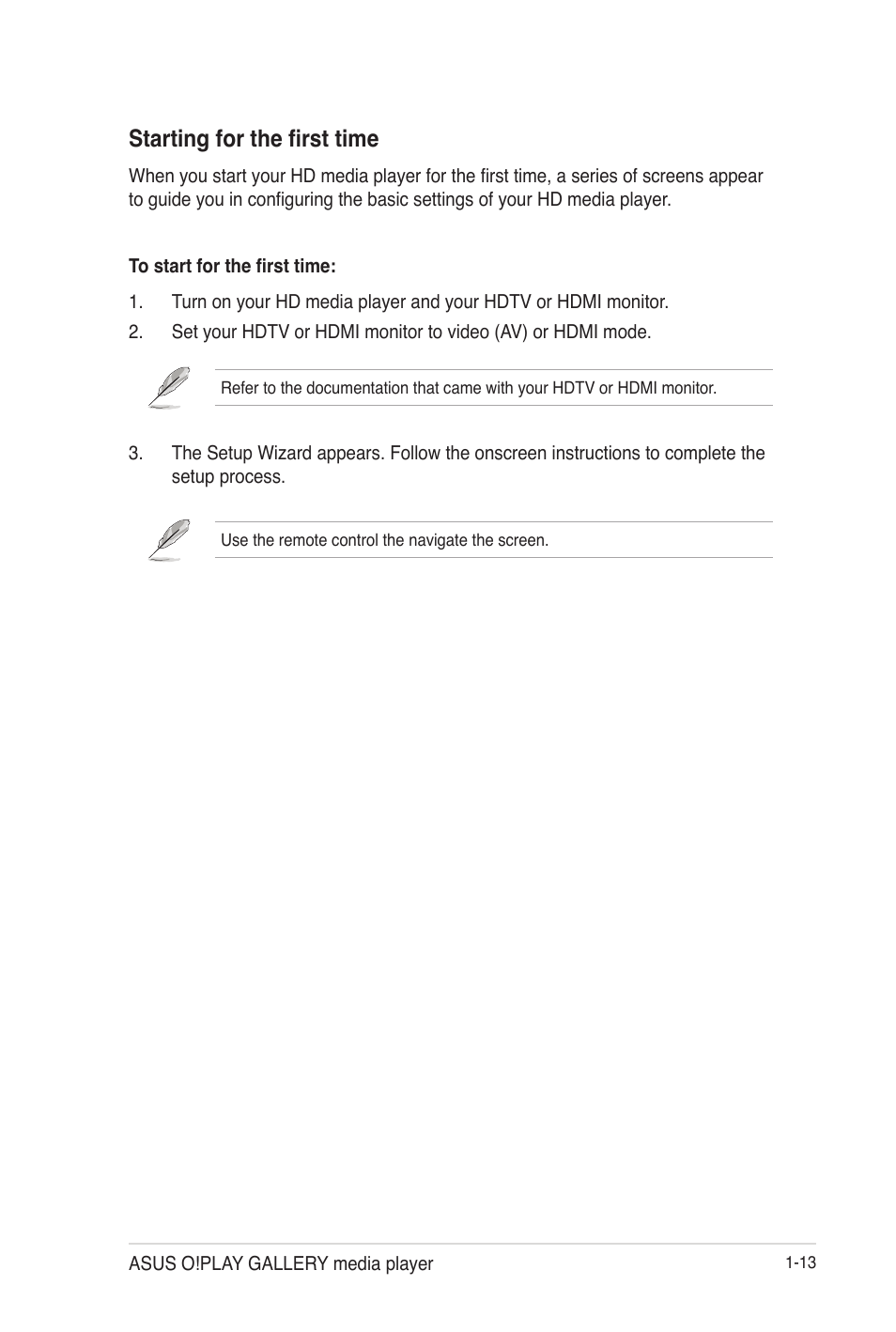 Starting for the first time, Starting for the first time -13 | Asus O!Play Gallery User Manual | Page 23 / 74