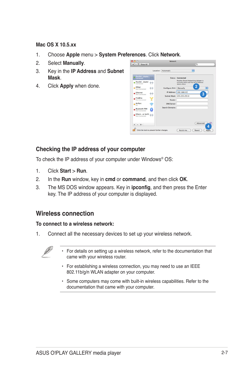 Wireless connection, Wireless connection -7, Checking the ip address of your computer | Asus O!Play Gallery User Manual | Page 31 / 74