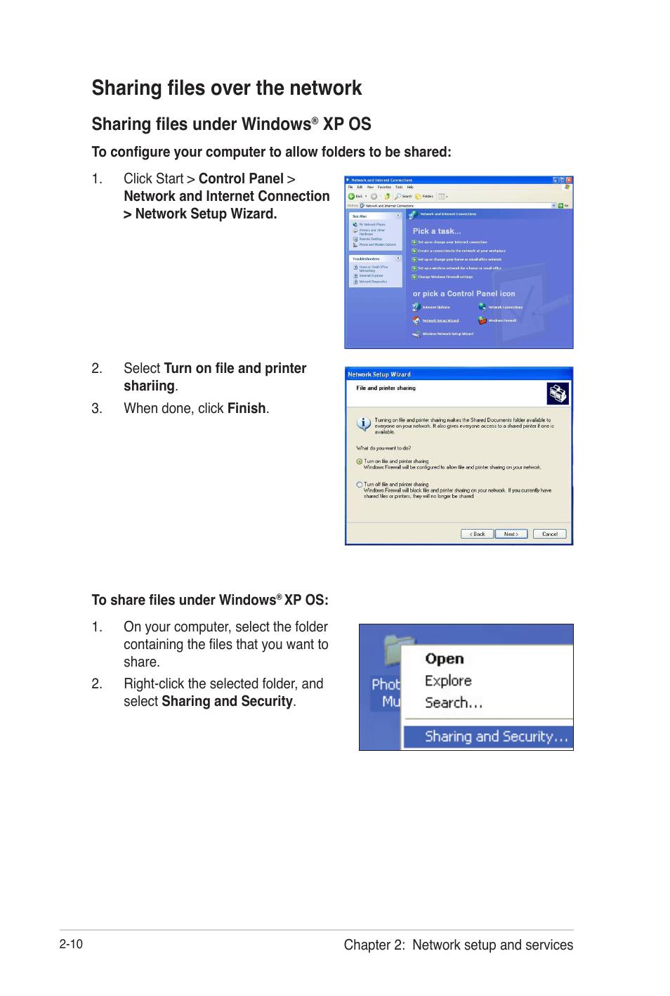 Sharing files over the network, Sharing files under windows® xp os, Sharing files over the network -10 | Sharing files under windows, Xp os -10, Xp os | Asus O!Play Gallery User Manual | Page 34 / 74