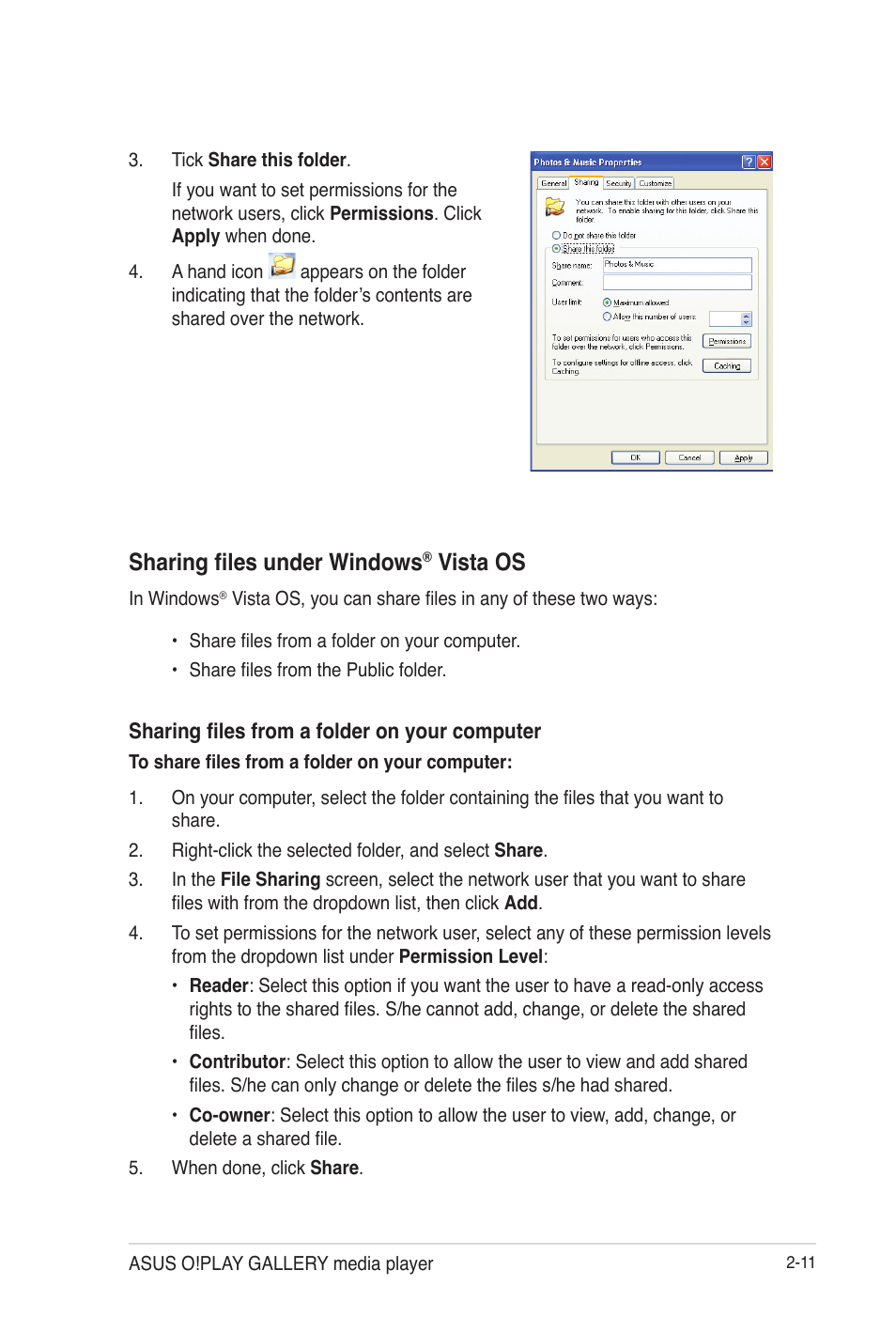 Sharing files under windows® vista os, Sharing files under windows, Vista os -11 | Vista os | Asus O!Play Gallery User Manual | Page 35 / 74