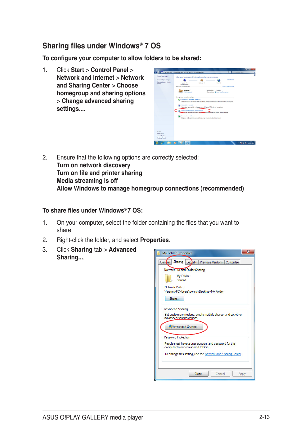 Sharing files under windows® 7 os, Sharing files under windows, 7 os -13 | 7 os | Asus O!Play Gallery User Manual | Page 37 / 74