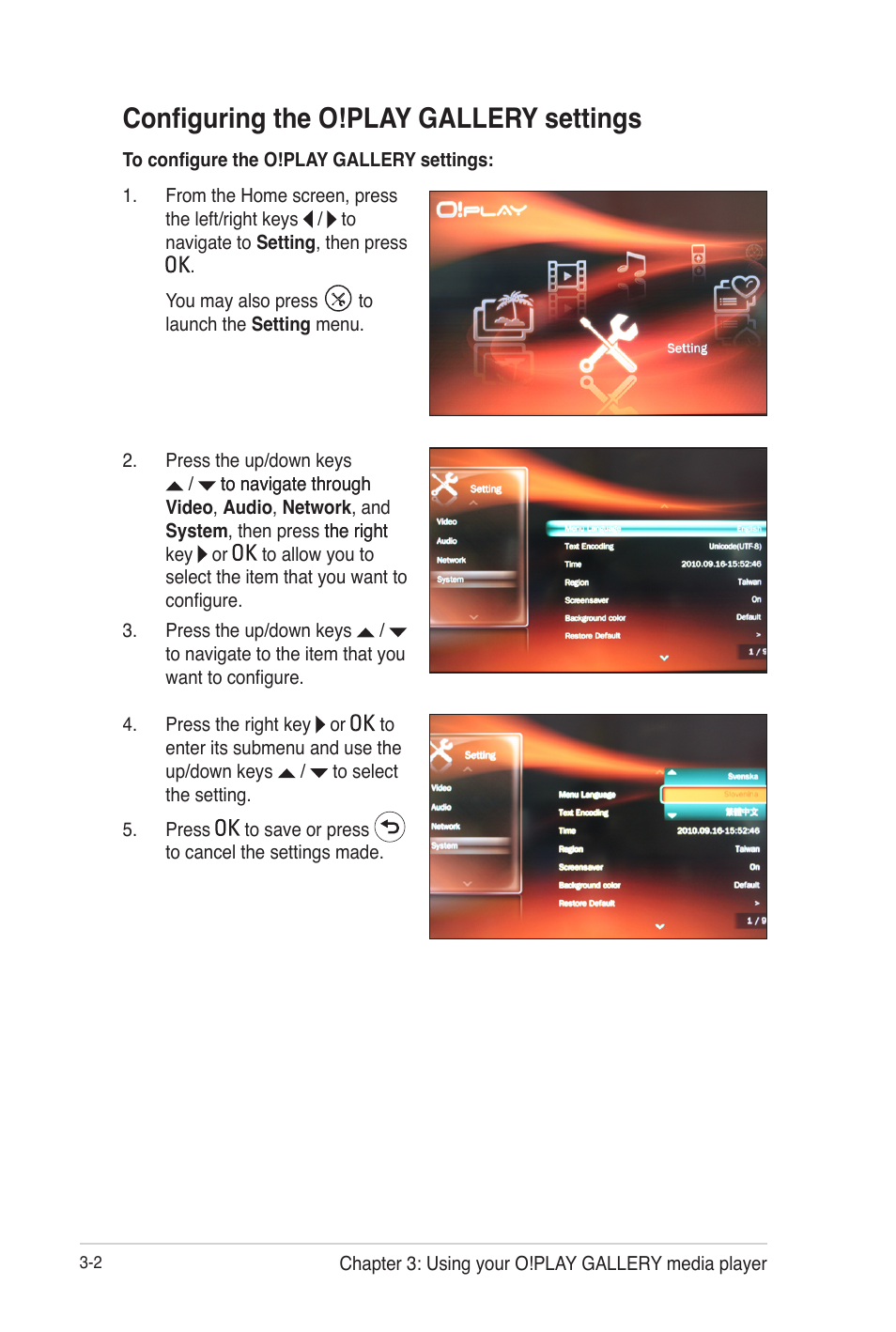 Configuring the o!play gallery settings, Configuring the o!play gallery settings -2 | Asus O!Play Gallery User Manual | Page 42 / 74