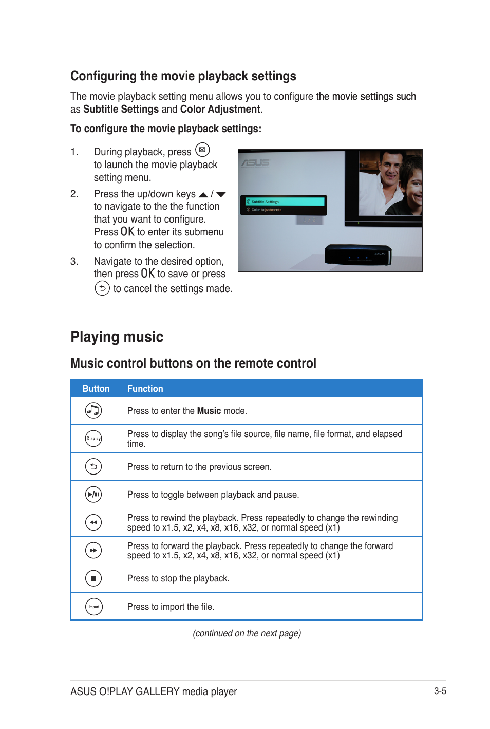 Configuring the movie playback settings, Playing music, Music control buttons on the remote control | Configuring the movie playback settings -5, Playing music -5, Music control buttons on the remote control -5 | Asus O!Play Gallery User Manual | Page 45 / 74