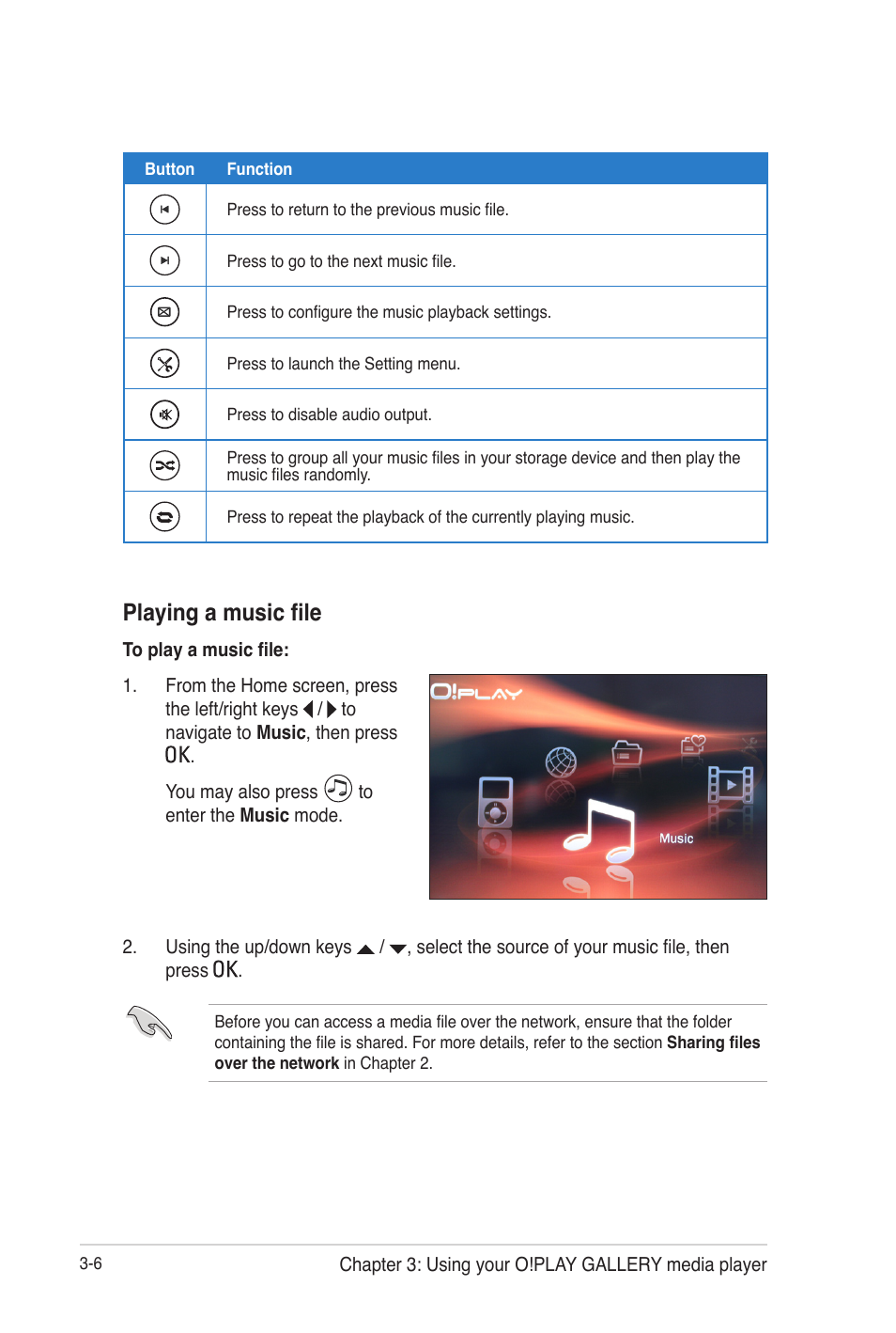 Playing a music file, Playing a music file -6 | Asus O!Play Gallery User Manual | Page 46 / 74