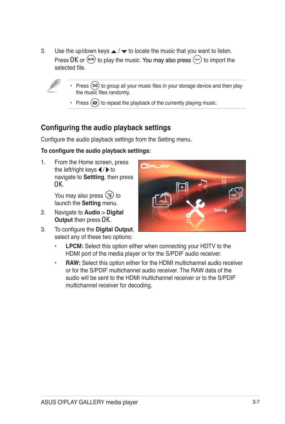 Configuring the audio playback settings, Configuring the audio playback settings -7 | Asus O!Play Gallery User Manual | Page 47 / 74